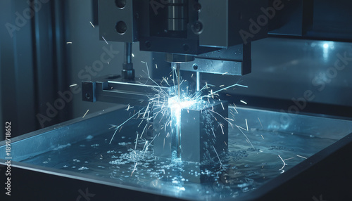 Wire EDM machining process cutting steel with sparks in dielectric fluid
