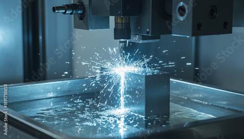 Wire EDM machining process cutting steel with sparks in dielectric fluid