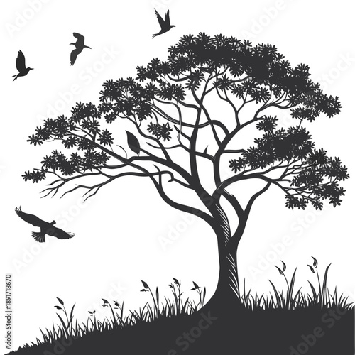 Birds in flight around a tree