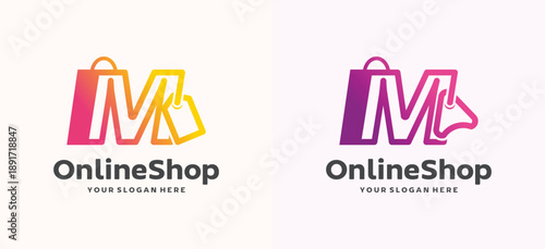 Stylish letter M logo designed as shopping bag with price tag and cursor. Suitable for ecommerce platforms, online retail brands, modern digital shops, and business logos.
