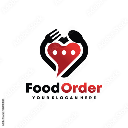 Creative food order logo combining chat bubble, heart, spoon, and fork elements. Ideal for food delivery services, restaurant apps, online ordering platforms, and culinary brands.