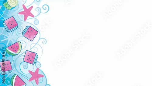 Watermelon cubes and slices with starfish on blue background