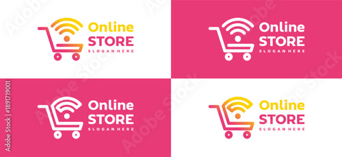 Modern shopping cart logo with wifi signal representing online store and digital shopping concept. Perfect for ecommerce platforms, internet retail services, and technology driven businesses.