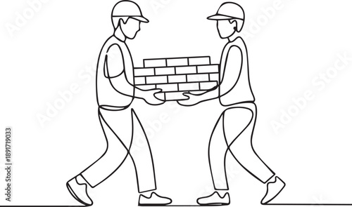 Two workers carrying bricks together, illustrating teamwork and construction activity