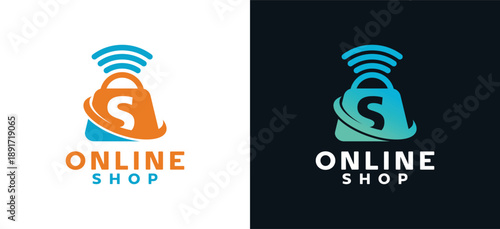 Modern shopping bag logo shaped as letter S combined with wifi signal. Ideal for online shop, digital store, internet business, ecommerce platform, and technology based retail branding.