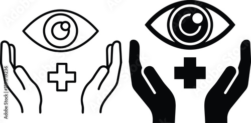 Eye care icons showing vision protection and medical support concept with outline and silhouette styles