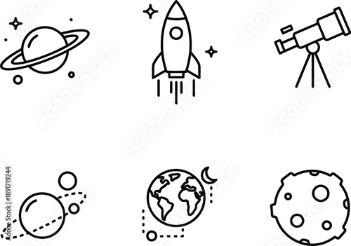 Outline Icons Representing Space Exploration and Astronomy Elements Keywords
