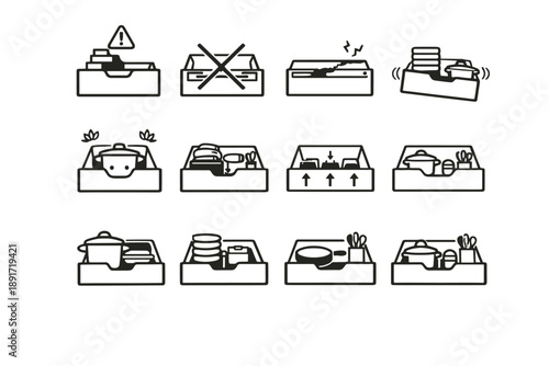 Jammed warning crossed icons wear uneven kitchen vector icon calm drawer logic