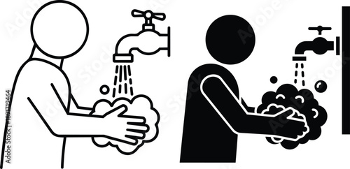 Handwashing hygiene icons showing proper hand cleaning with soap and water in outline and silhouette styles