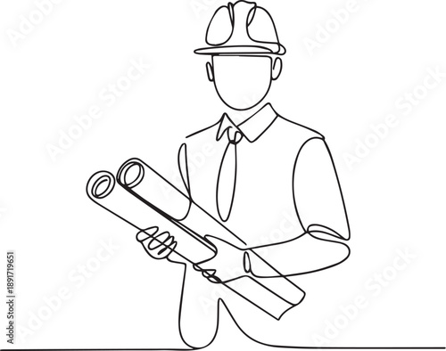 Engineer holding blueprint in hands, wearing hard hat and safety glasses on white background