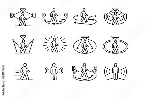Vector usability icons walking motion trajectory icon path sensor human movement detection