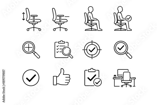 Setup confirmation chair verification silhouette seated cue vector checkmark quick desk icon