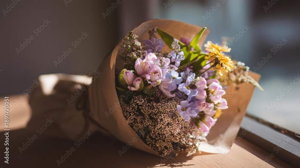 Fototapeta premium A bouquet of pastel-colored flowers wrapped in brown paper, resting on a wooden surface by a window. Concept Pastel bouquet, Brown paper wrap, Window light, Wooden surface, Floral still life