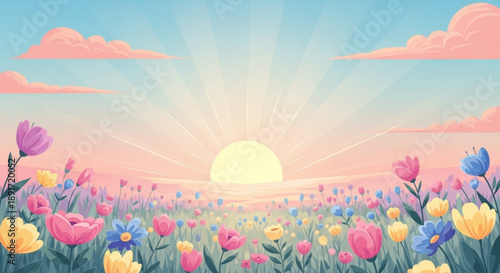 Vibrant tulip field at sunrise with colorful flowers and fluffy clouds