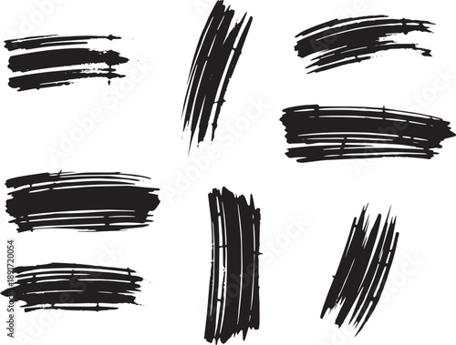 Brush set. Vector black paint brush spots, highlighter lines or felt-tip pen marker. Ink smudge abstract shape stains and smear set with texture