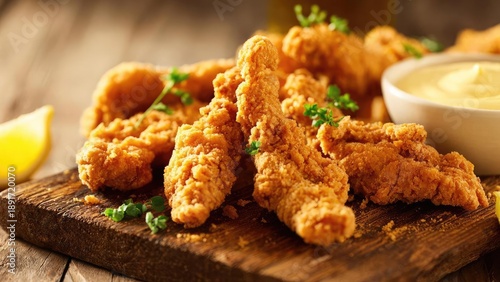 Crispy fried chicken tenders arranged on a wooden board with a side of creamy dipping sauce. Concept Crispy fried chicken tenders, Wooden board presentation, Creamy dipping sauce © Anastasiia