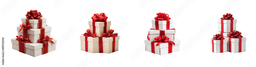 Fototapeta premium Stacked gift boxes with red ribbons and bows in four arrangements isolated on transparent background