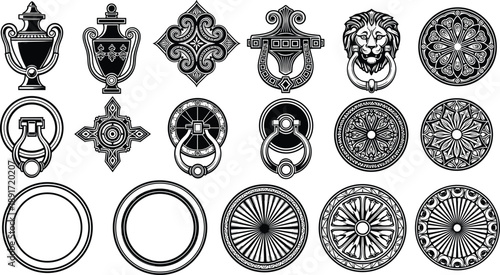 Antique Door Knocker Silhouette Set, Vintage Lion Head Hardware Icons, Ornamental Decorative Handle Graphics, Classical Victorian Architecture Elements, Decorative Knob Vector Pack