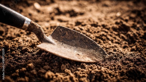 Close-up of a shovel digging into loose brown soil. Concept Close-up, Shovel, Loose Brown Soil, Gardening, Texture