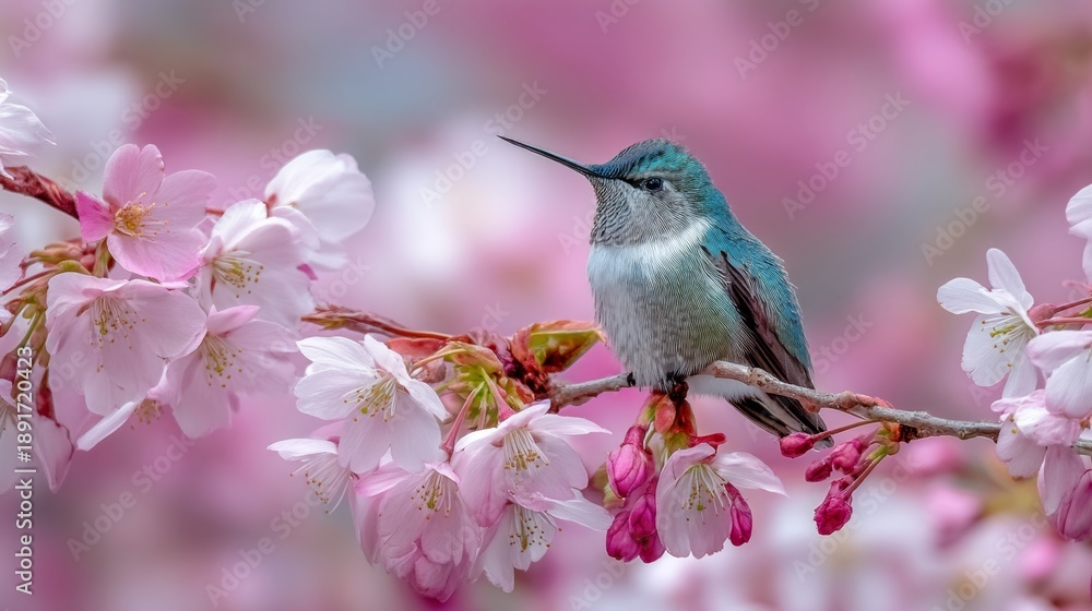 Fototapeta premium A serene scene of a colorful bird perched on a blooming cherry blossom branch. The vibrant flowers provide a beautiful backdrop. A perfect image for nature lovers. AI