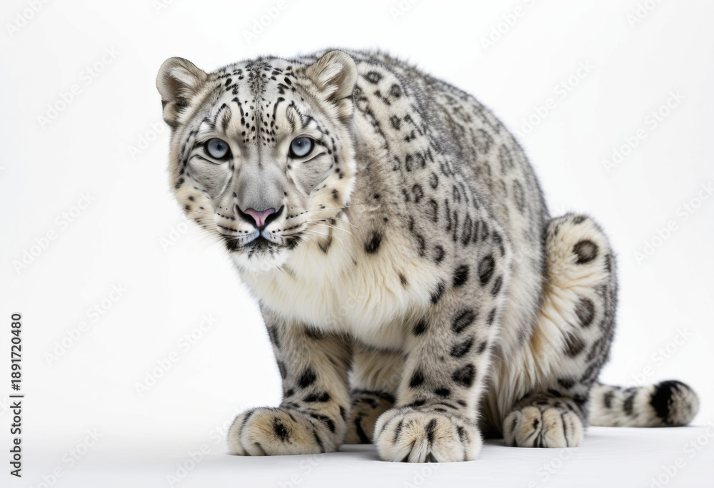 Fototapeta premium Snow leopard in a crouching pose, intense gaze, white background