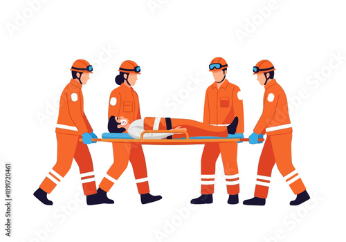 Rescue team transporting injured person on stretcher through emergency scene from side view