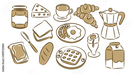 Cute Hand Drawn Breakfast Elements Vector Set, Doodle Style Morning Food Icons with Coffee, Waffle, milk, bread, bread with jam, knife, peanut jam, egg, cheese, English Breakfast, croissant, and coffe