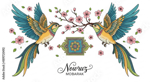 Vibrant birds on cherry blossom branch with floral pattern nowruz greeting