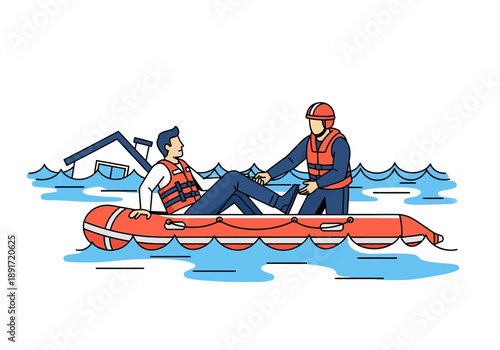 Rescue operation underway in turbulent waters, lifeguard assisting injured person in inflatable raft from unique aerial viewpoint