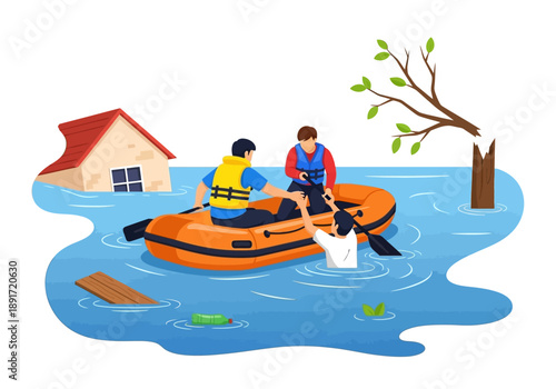 Rescue operation in progress, people navigating through flooded area in inflatable raft, approaching damaged house and tree, viewed from above