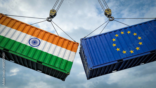 Two shipping containers with India and European Union flags representing international trade