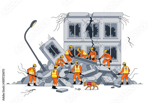 Rescue team in action amidst building demolition scene with debris and rubble everywhere, viewed from a distance