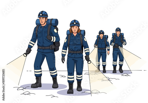 Rescue team members walking in a line on a snowy terrain with spotlights shining down