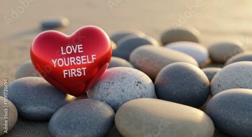 Red heart on stones with love yourself first text