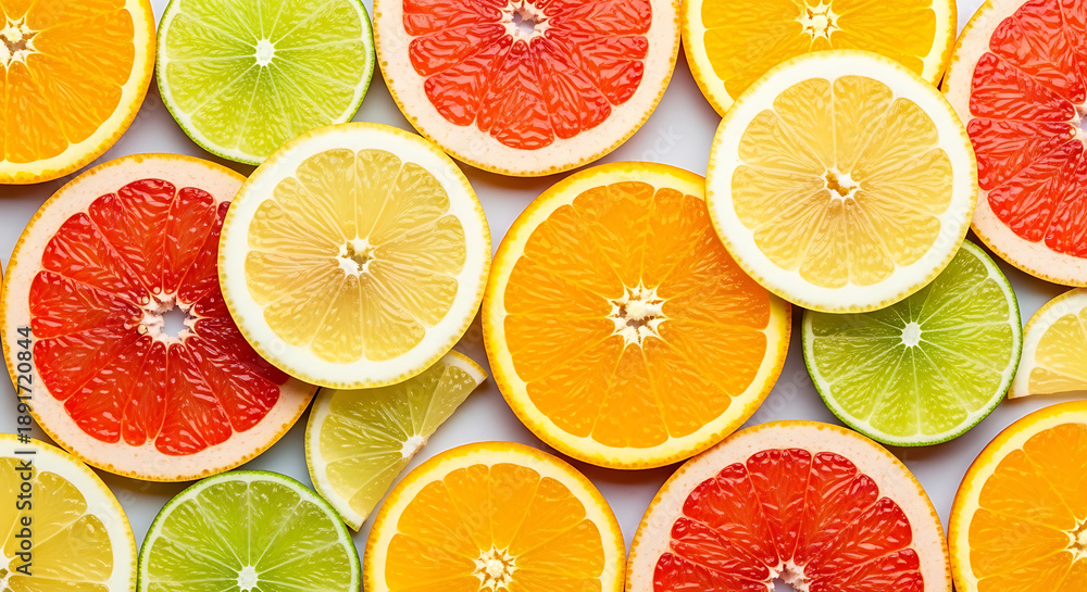 Fototapeta premium Assorted citrus fruits slices on white