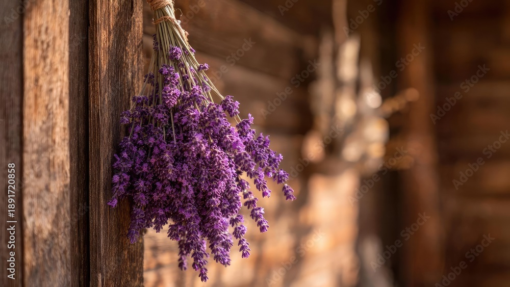 Fototapeta premium A bundle of purple lavender tied with twine hangs on a weathered wooden wall. Concept Rustic lavender bouquet, Twine-bound bouquet, Weathered wood backdrop, Rustic decor, Dried flowers