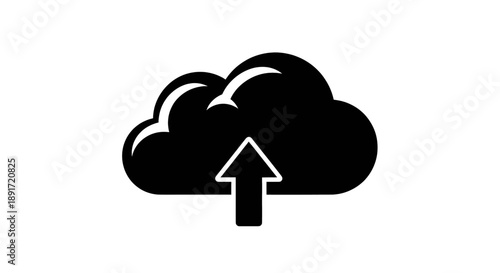 Black icon representing cloud upload, data transfer, and file storage on a white background