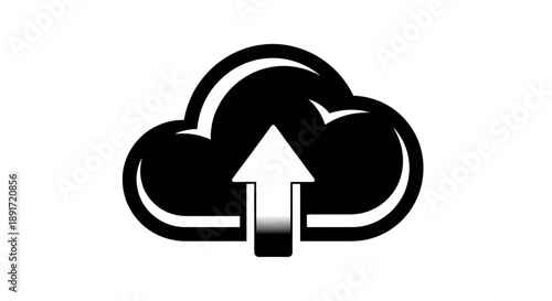 A simple black cloud icon with an upward arrow for data upload and cloud computing