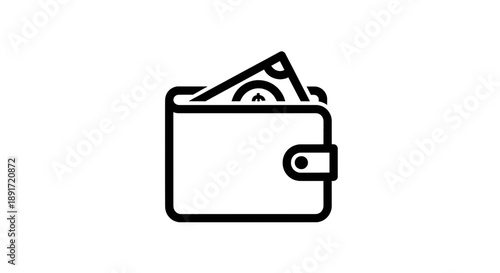 A black and white line art icon of a wallet containing banknotes, symbolizing finance and payment.