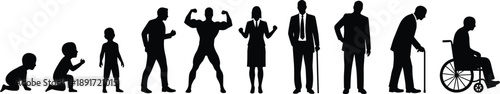 Human life stages represented by diverse silhouettes, from infancy to old age, showcasing growth, development, and the journey of life, symbolizing lifespan and aging process
