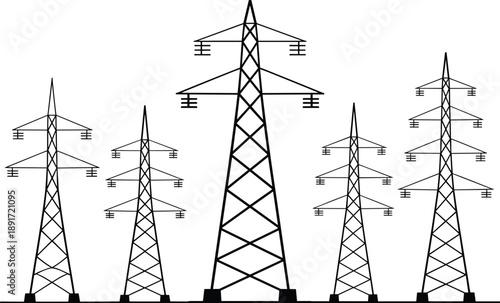 Illustration of five high voltage electrical power transmission towers, energy distribution, electrical infrastructure, electric poles, line art vector drawing design