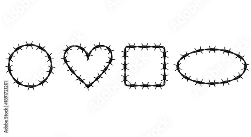 Illustrative set of outlined geometric and organic shapes featuring a barbed wire texture, conveying themes of protection, confinement, and edgy design aesthetics