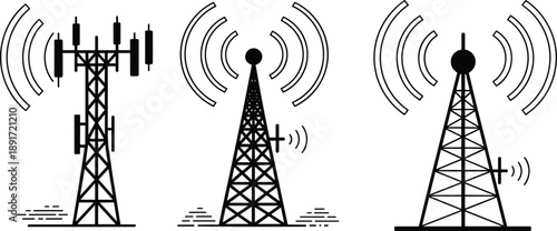 Illustration of three communication towers emitting wireless signals, broadcast antennas, network transmission, signal waves, technology icons, black and white design