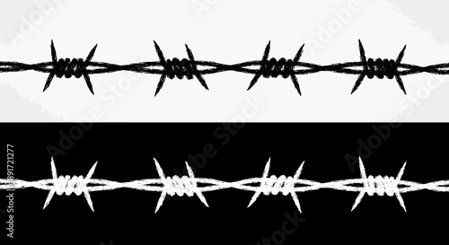 Stylized illustration featuring two distinct barbed wire patterns, one dark on light and one light on dark, conveying a sense of security, confinement, and caution