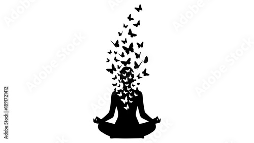 Meditating woman with birds flying from her head a striking silhouette