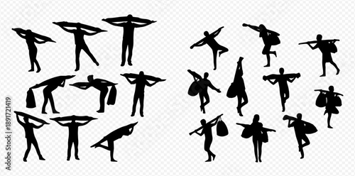 Set of black silhouettes of people carrying surfboards and paddleboards in various poses, isolated on a transparent background.