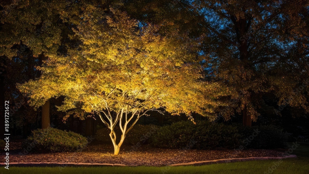 Fototapeta premium A small, multi-trunk tree illuminated from below, with glowing golden autumn leaves in a dark park at night. Concept Nighttime park photography, uplight-lit tree, multi-trunk tree