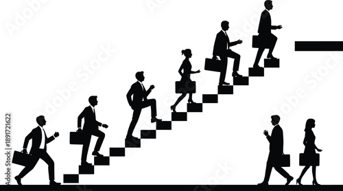 Business Silhouettes Ascending Stairs Toward Platform – Corporate Progression Illustration Representing Career Growth, Ambition, and Success for Professional Development and Motivation Use