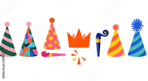 A vibrant collection of festive party hats, noisemakers, and a crown, perfect for celebrating special occasions and birthdays