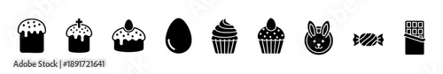 Minimal Easter treat icons: cakes, cupcakes, bunny, candy, chocolate, and decorated eggs for festive joy.